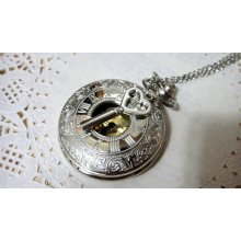 STEAMPUNK Key Roman Letters Antiqued Silver Golden POCKET WATCH