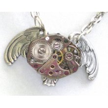 Steampunk - Mechanical Owl - Necklace - Jeweled Watch Movement -antiqu