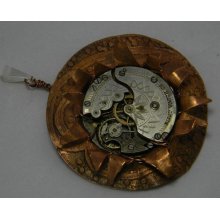 Steampunk Pendant - Antique Pocket Watch set in Etched Copper Disc with Silver Bail