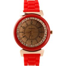 Stylish Silicone Band Quartz Round Crystal Lady's Wrist Watch - Red