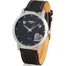 Stylish Women's Jeweled Heart Analog Watch with Faux Leather Strap (Black)