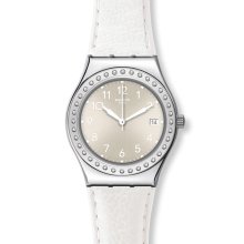 Swatch Yls448 Women's White Fan Grey Dial White Leather Strap Steel Date Watch