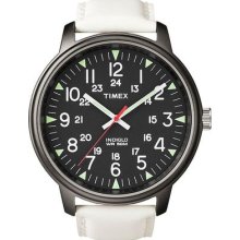 Timex Mens Black Dial Indiglo Night Glow Dial White Leather Strap Watch T2n203