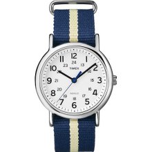 Timex Unisex T2p142 Weekender Navy/yellow Stripe Slip Thru Nylon Strap Watch