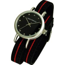 TOKYObay Womens Obi Analog Stainless Watch - Black with Red Stripe Nylon Strap - Black Dial - T233-BK