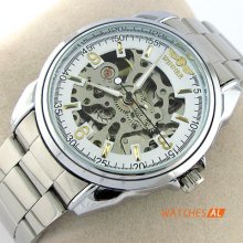 Transparent Skeleton Automatic Mechanical Analog Clock Men's S/steel Wrist Watch