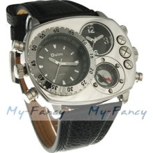 Usa Seller Men Stainless Military Style Dual Time Zone Leather Sport Watch