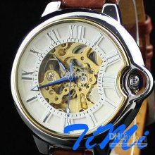 Vegan New Mens Gold Skeleton Rome Auto Mechanical Brown Watch Freesh