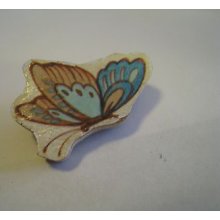 Vintage Butterfly Print On Wood Brooch, Pin, Unmarked