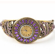 Vtg Inspired Rhinestone Crystal Smart Hollow Cuff Purple Watch Bracelet 7