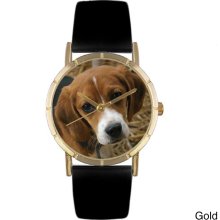 Whimsical Women's Beagle Photo Black Leather Strap Watch (Silver)