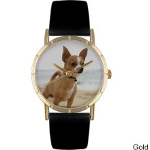 Whimsical Women's Chihuahua Photo Black Leather Strap Watch (Silver)