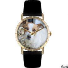 Whimsical Women's Jack Russel Photo Black Leather Strap Watch (Gold)