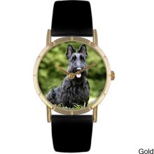 Whimsical Women's Scottie Terrier Photo Black Leather Strap Watch (Silver)