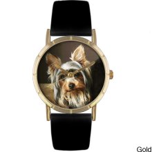 Whimsical Women's Yorkie Photo Black Leather Strap Watch (Gold)