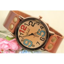 Women Leather Watch Men Wrist Watch with Colorful Big Number WH3