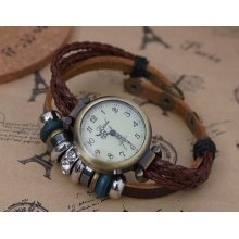 Women Leather Wrap Bracelet Watch with Bead