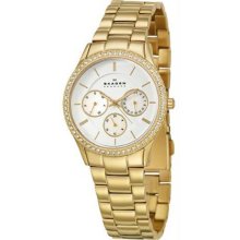 Women's Gold Tone Stainless Steel Case and Bracelet White Dial Day and Date