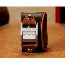 Women's Leather Design watch cuff - Brown & Orange