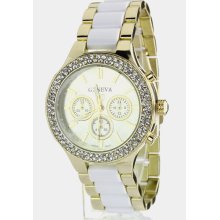 0 COMMENTS CRYSTAL CASE BEZEL 2 TONE FASHION WATCH (GOLD/WHITE)