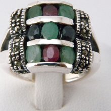 12.15g Genuine Ruby Sapphire Emerald Marcasite Ring Sz7