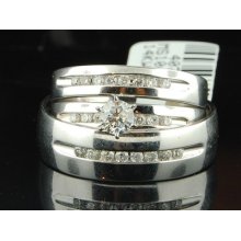 14k Mens Ladies White Gold Diamond Engagement Ring Wedding Band Trio Bridal Set