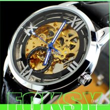 1pcs Men's Stainless Steel Black Watch Automatic Mechanical Hollow C