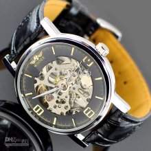 1pcs Mens Winner Watch Black Leather Skeleton Mechanical Watches Lux