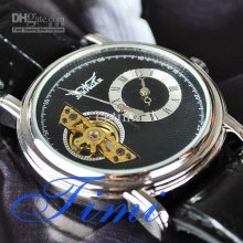 2012 Freeship Wach Charm Auto Mechanical Black Genuine Leather Wrist