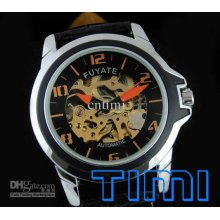 2012 Hotsale Men Gold Tone Automatic Mechanical Hollow Watch Leather