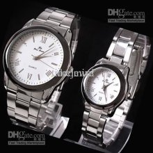 2pc Stainless Roman Index Lover White Quartz Watches Black Rim 409n