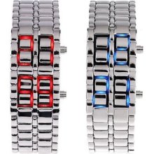 2pcs Silver Color Lava Iron Samurai Red & Blue Led Metal Man Mens Watch, Bah