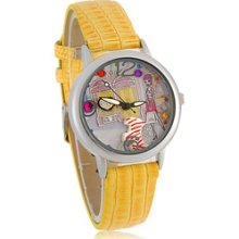 3D Girl Pattern Women's Analog Watch with PU Leather Strap (Yellow)