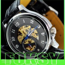 3pcs Fashion Mechanical Men Auto Hollow Watch Gold Skeleton Gift Wat