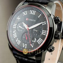 6 Dial Clock Day Hours Hand Date Water Black Leather Men Wrist Watch Wt121