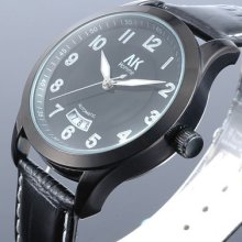 Ak-homme Black Leather Stainless Steel Mens Automatic Mechanical Wrist Watch