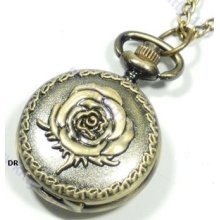 Antique Pewter Rose Quartz Pocket Watch Locket Necklace