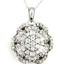 Antique Style .76ct Diamond Baguette Open Cluster Pendant White Gold 14kt