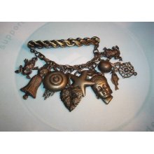 Antique Style Steampunk Charm Brooch Frogs, Hand, Star, Head, Fish On Chain