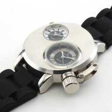 Authentic Men's Dual Black Dial Silver Case Silicone Band Wrist Watch Analog