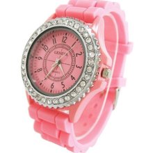 Baginc Rhinestone Watch Silicone Bracelet Pink