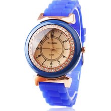 Band Blue Silicone Quartz Movement Wrist Watch with Czechic Diamond Decoration