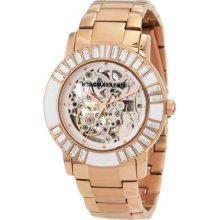 Bcbg Womens Enchante Automatic Baguette Stone Accented Rose Tone Bracelet Watch