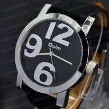 Big Numerals Hour Marks Quartz Women Fashion Wrist Watch Black Leather Wristband