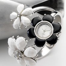 Black and Daisy Hinged Bangle Watch