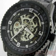 Black/brown Automatic Skeleton Self-wind Mechanical Watch Metal/leather Mens