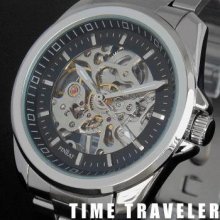 Black Mens Skeleton Hand Winding Mechanical Wrist Watch