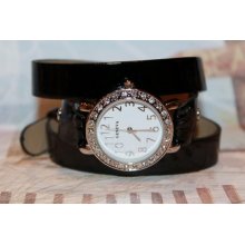 Black Patent Leather Wrap Watch with Silver Watch and Rhinestones