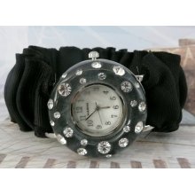 Black Ribbon Watch with Black Resin and Rhinestone White face