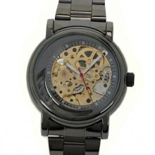 Black S/steel Bracelet Skeleton Hollow Sport Cuff Men Automatic Mechanical Watch